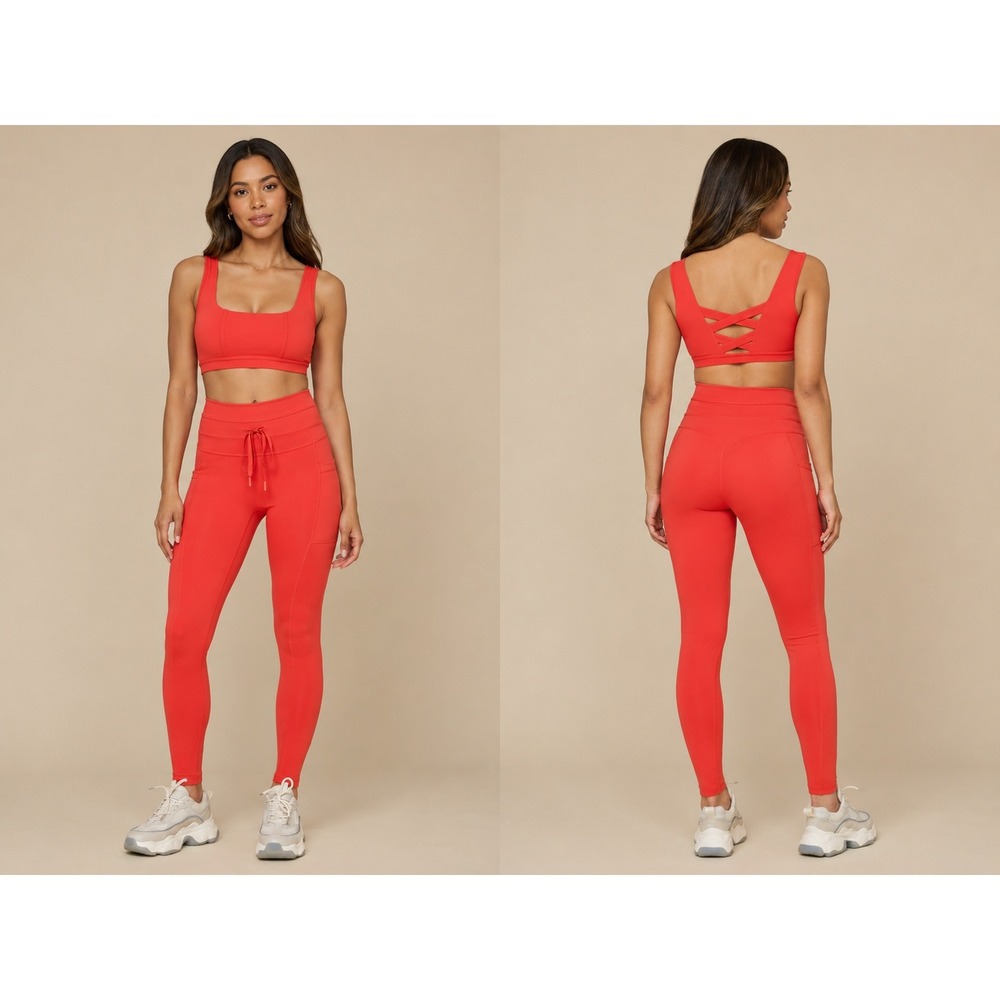 POPFLEX Corset Bra & Cargo Legging Pockets XS Cayenne Red Orange Activewear Set